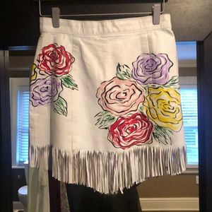 Floral leather fringe skirt